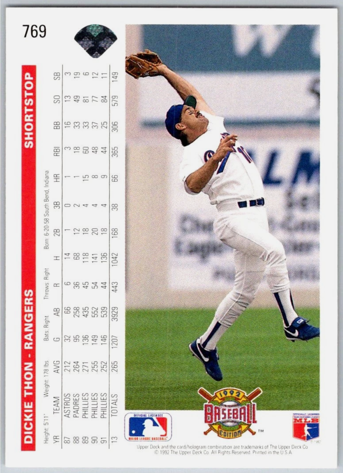 Dickie Thon 1992 Upper Deck MLB #769 Baseball Card Texas Rangers